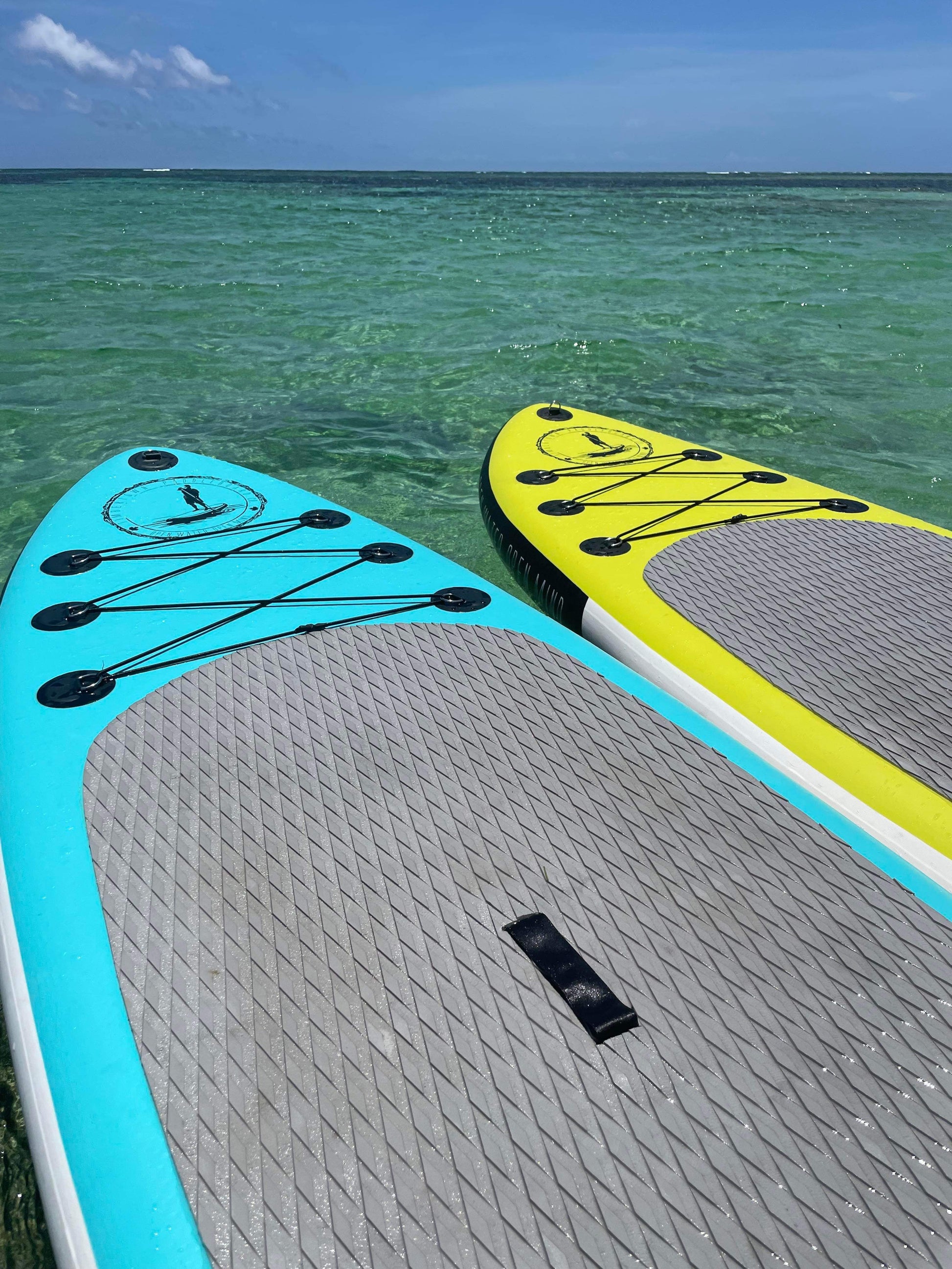 The Blue Hogs Back & Yellow Chaudiere Inflatable Paddleboards 